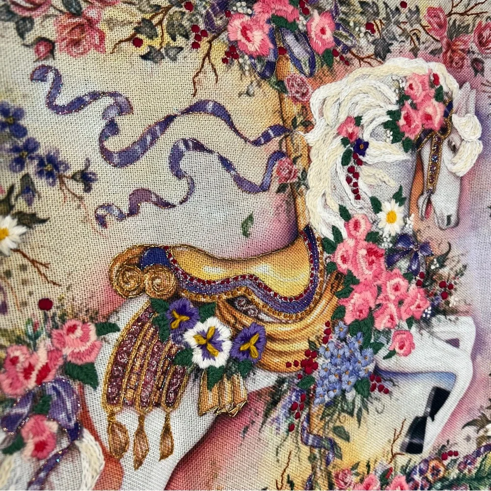 🎠 Vintage 1994 Sunset “Prancing Carousel Horse” Needlework Art - Finished Piece!